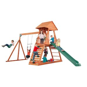 Cedar Chalet Complete Wood Playset with Wooden Roof, Climbing Wall, Sandbox, Slide and Multiple Swing Set Accessories