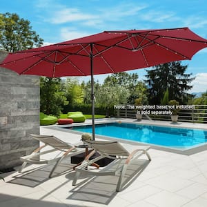 15 ft. Steel Twin Market Solar Patio Umbrella with 48 LED Lights in Red