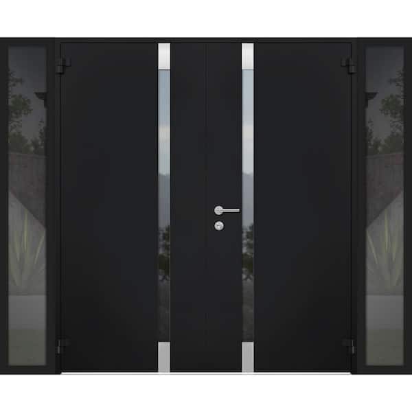 VDOMDOORS 6777 104 in. x 80 in. Right-Hand/Outswing 2 Side Tinted Glass Black Enamel Steel Prehung Front Door with Hardware