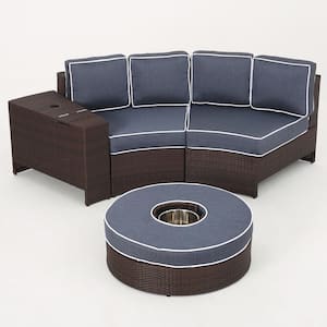 4-Piece Faux Rattan Outdoor Patio Sectional Seating Set with Navy Blue Cushions