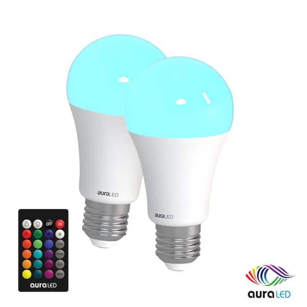 Photo 1 of 60-Watt Equivalent A19 Standard Dimmable with Remote Aura Decorative LED Light Bulb Multi-Color (2-Pack)