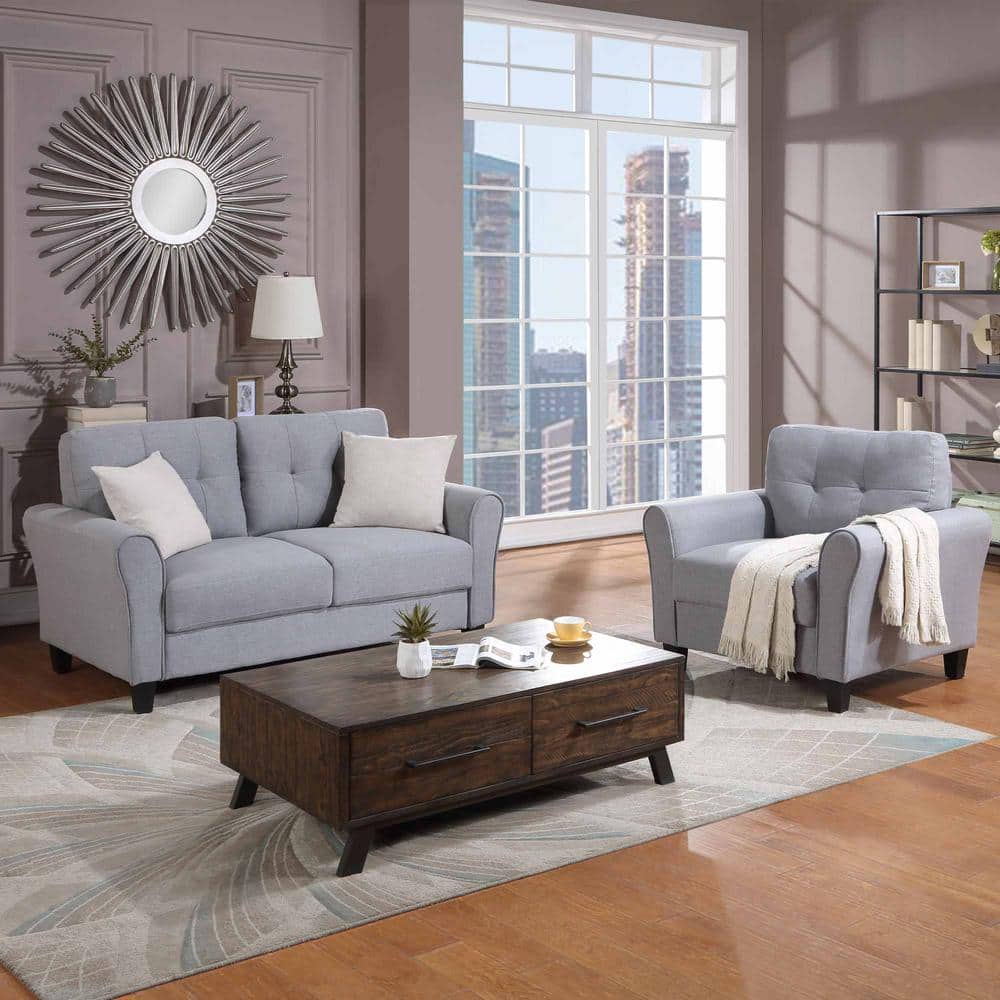 79.9 in. Square Arm Linen Rectangle Sofa with 1+2 Seat in. Light Grey-Blue