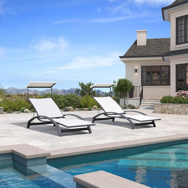 Outdoor Lounge Chaise with Canopy Shade for Lawn Poolside Backyard Sunbathing Tanning Chairs with Arm, White