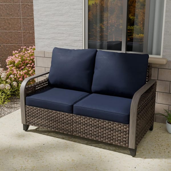 Brown 1-Piece Wicker Rattan Outdoor Patio Loveseat with Blue Cushions