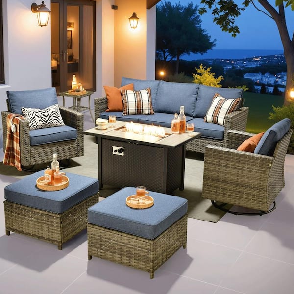 Jupiter 6-Piece Wicker Outdoor Patio Fire Pit Seating Sofa Set and with Denim Blue Cushions and Swivel Rocking
