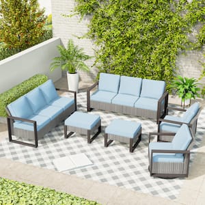 6-Piece Wicker 8 Seat Steel Outdoor Patio Conversation Set with Light Blue Cushions