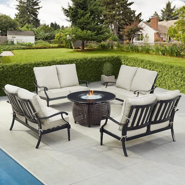 Oakland Living Black 5-Piece Aluminum Patio Fire Table Set with Light Grey Cushions