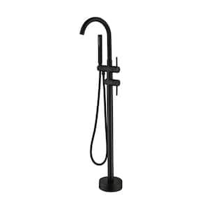 2-Handle Freestanding Tub Faucet with Hand Shower Single Hole Brass Floor Mounted Bathtub Faucets in Matte Black