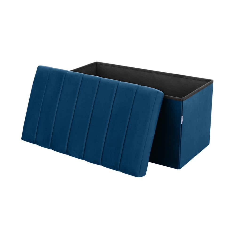 Blue Velvet Tufted Storage Trunk Ottoman, 30 Inch