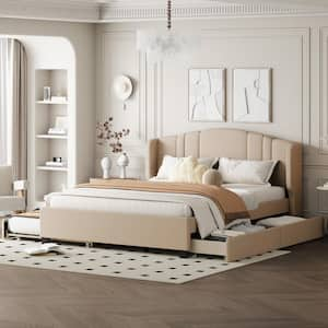 Beige Wood Frame Queen Size Linen Upholstered Platform Bed with Wingback Headboard, Twin Size Trundle, 2-Drawers