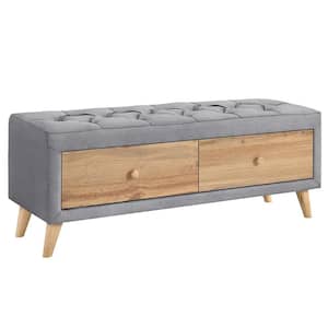 Upholstered Gray 48.2 in. Wooden Storage Bedroom Bench with 2 Drawers and Rubber Wood Leg