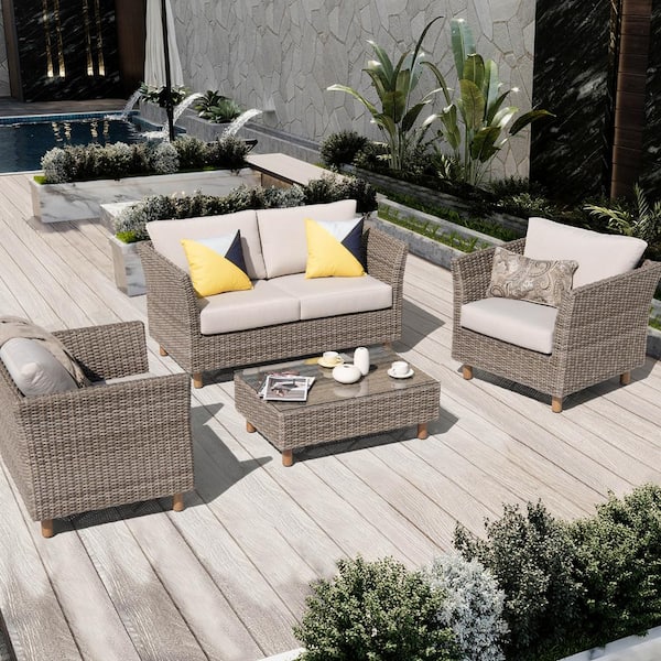 Orlando 4 Piece Wicker Outdoor Sectional Sofa Set with Beige Cushions