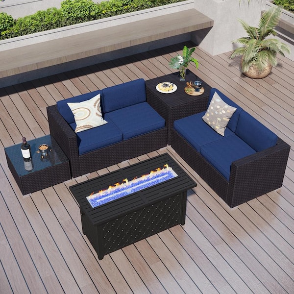 PHI VILLA Black Rattan Wicker 4 Seat 5-Piece Steel Outdoor Fire Pit Patio Set with Blue Cushions and Rectangular Fire Pit Table