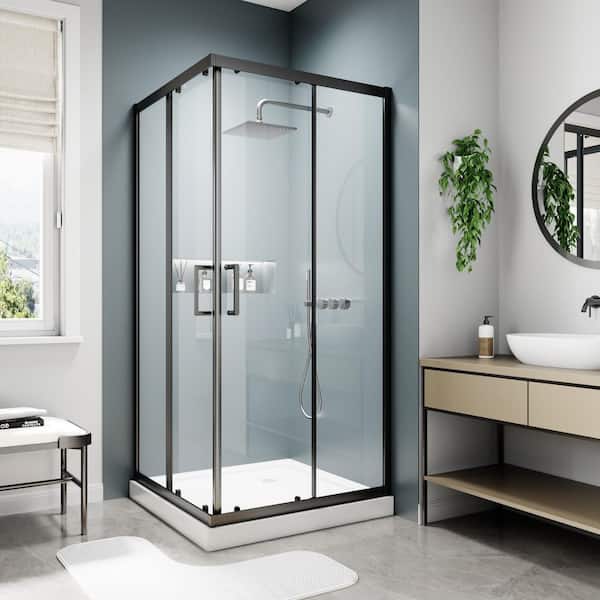 LORDEAR 36 in. W x 71 in. H Framed Sliding Alcove Shower Door in Matte Black with 1/4 in. Clear Tempered Glass