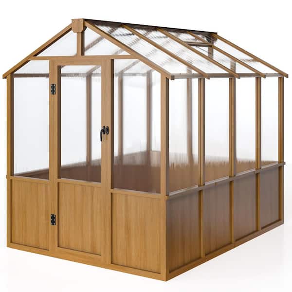 6 ft. W x 8 ft. D Wooden Polycarbonate Greenhouse with Lockable Door and Adjustable Vent, Greenhouse with for Outdoor