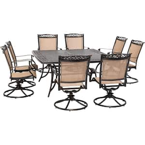 Fontana 9-Piece Aluminum Outdoor Dining Set with 8 Sling Swivel Rockers and a 60 in. Square Cast-Top Table