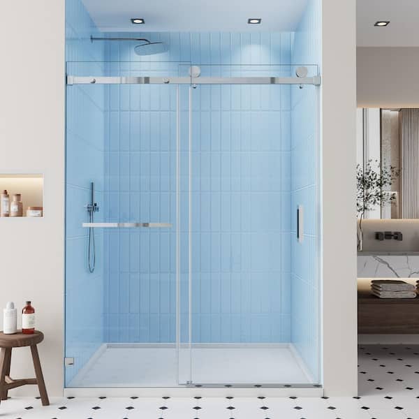 50-54 in. W x 76 in. H Single Sliding Frameless Shower Door Chrome 3/8 in. Clear SGCC Glass with Towel Bar and Handle