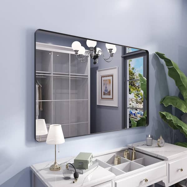 48 in. W x 32 in. H Rounded Rectangle Framed Wall Bathroom Vanity Mirror in Matte Black