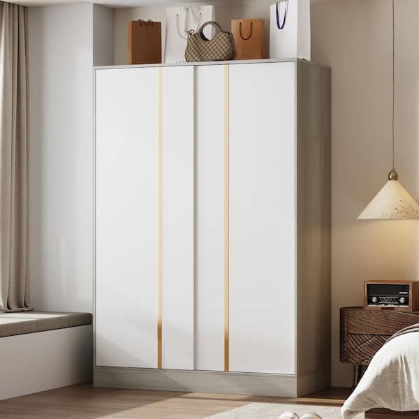 FUFU&GAGA Modern Gray Wood 47.2 in. W Armoire Wardrobe with 2 White Sliding Doors, Hanging Rod, Top Shelf and Sectional Storage