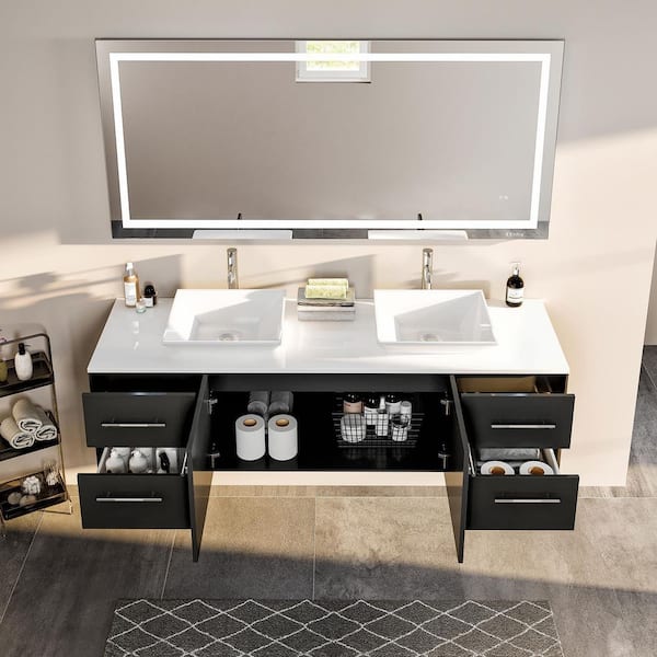 Totti Wave 72 in. W x 16 in. D x 22 in. H Double Bathroom Vanity in Espresso with White Glassos Top with White Sinks