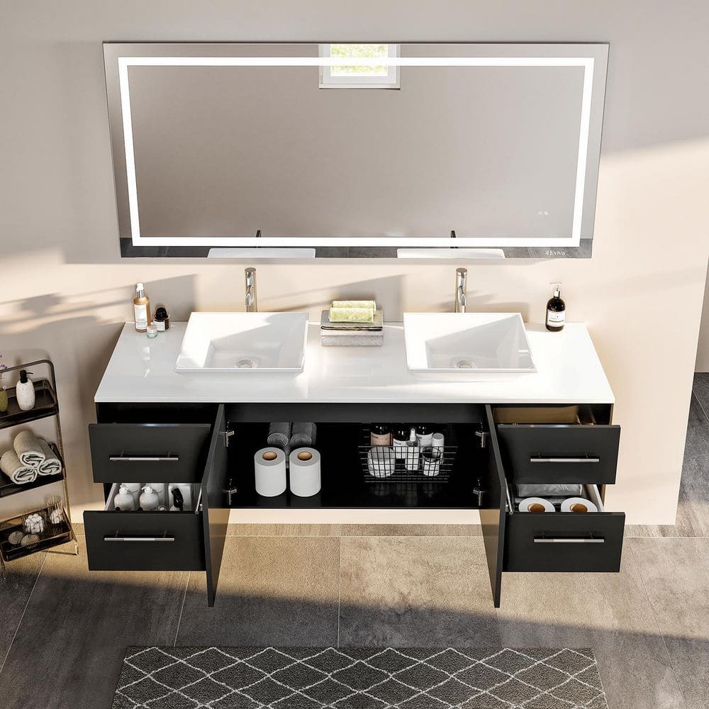 Espresso Modern Double Sink Wall-Mount Bathroom Vanity with White Stone Top
