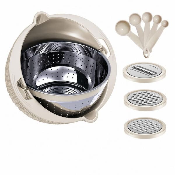 4-in-1 Rotatable Colander with Bowl and Spoons - Stainless Steel and Plastic Food Strainer Colander Set