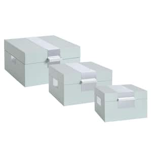 Norman Wyatt John Set of 3 Leather Wrapped Accessory Decorative Box Whisper Blue, Brushed Silver