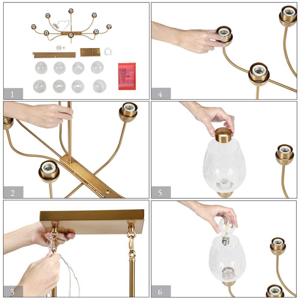 Gold Brass 8-Light Chandelier with Crackled Glass Shades