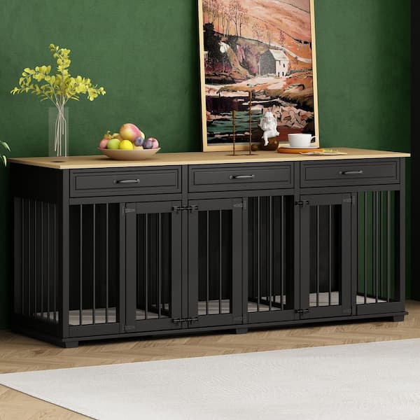 FUFU&GAGA XL Dog Crate Furniture for 3-Dogs, Large Wooden Dog Kennel with 3-Drawers, Wooden Doghouse Cage with 2-Dividers, Black
