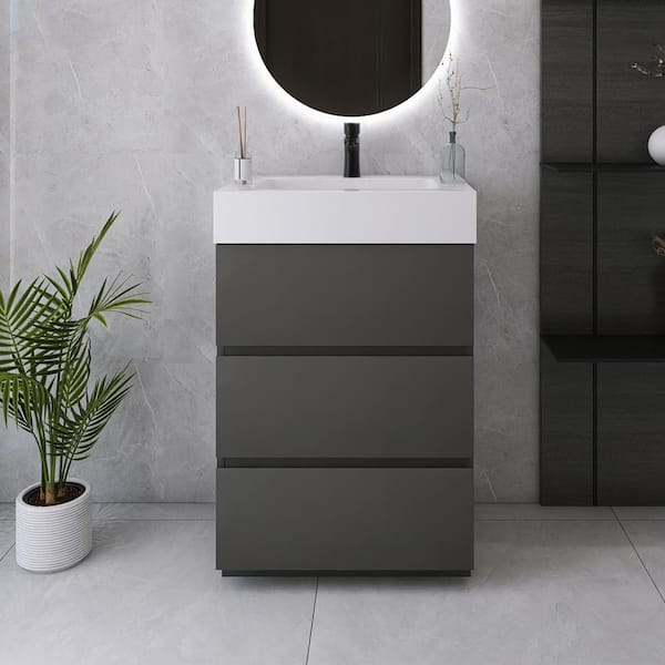 Unbranded 24 in. W x 18 in. D x 37 in. H Single Sink Freestanding Bath Vanity with White Cultured Marble Top in Grey
