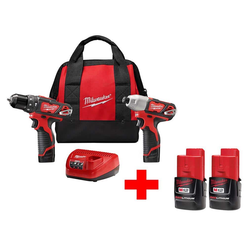 Milwaukee M12 12V Lithium-Ion Cordless Hammer Drill/Impact Driver Combo Kit with Free M12 Compact Battery (2-Pack) -  2497-22-4XX