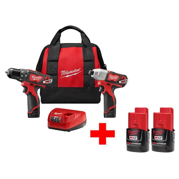 Milwaukee M12 12V Lithium-Ion Cordless Hammer Drill/Impact Driver Combo Kit with M12 1.5 Ah Battery Pack (2-Pack)