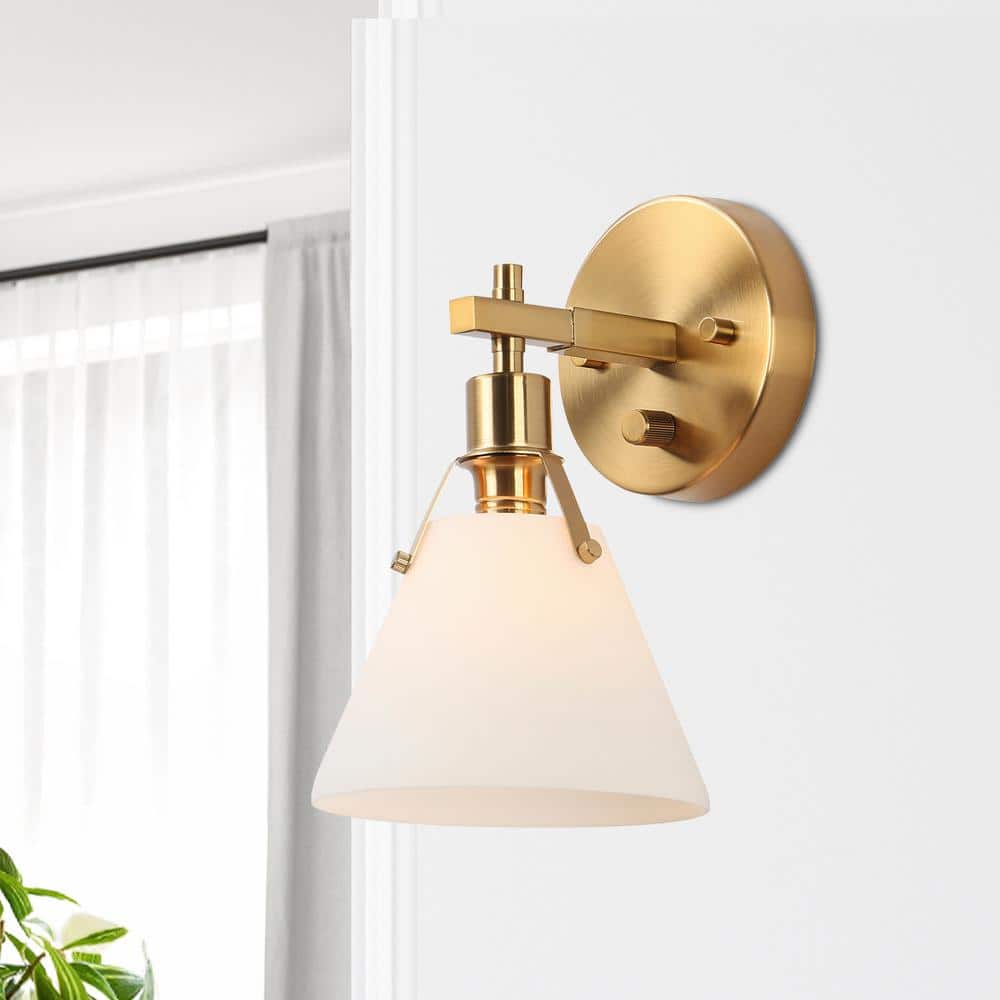 Home Decorators Collection Granville Collection Plated Brass Metal Wall  Sconce with Bell White Opal Glass Shade 1-Light Classic Bath Vanity Light  HA04849GL The Home Depot