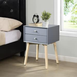 Grey Nightstand with 2 Drawer and Rubber Wood Legs, Side Table, for Bedroom Living Room(15.7"W X 15.7"D X 24"H)