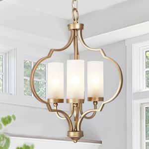 Modern 14.5 in. 3-Light Dark Gold Island Chandelier with Frosted Glass Shades Geometric Pendant Light for Dining Room
