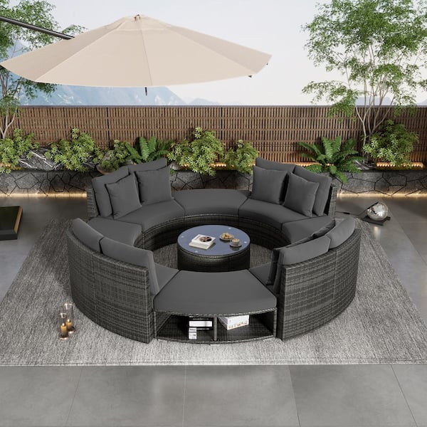 Unbranded 9-Piece Rattan Wicker Patio Outdoor Patio Luxury Round Sectional Sofa Set with Gray Cushions and Coffee Table