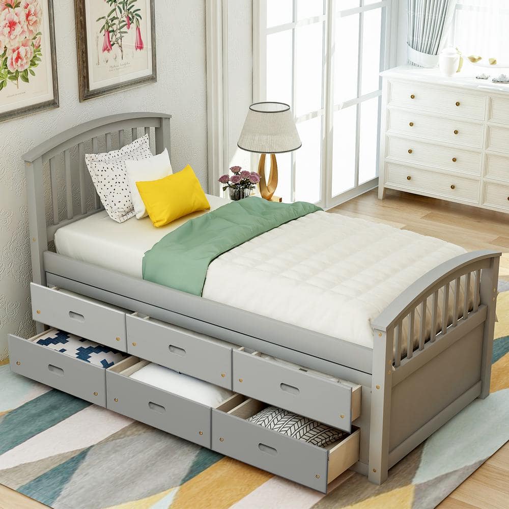 Harper Bright Designs 6 Drawers Gray Twin Size Platform Storage Solid 