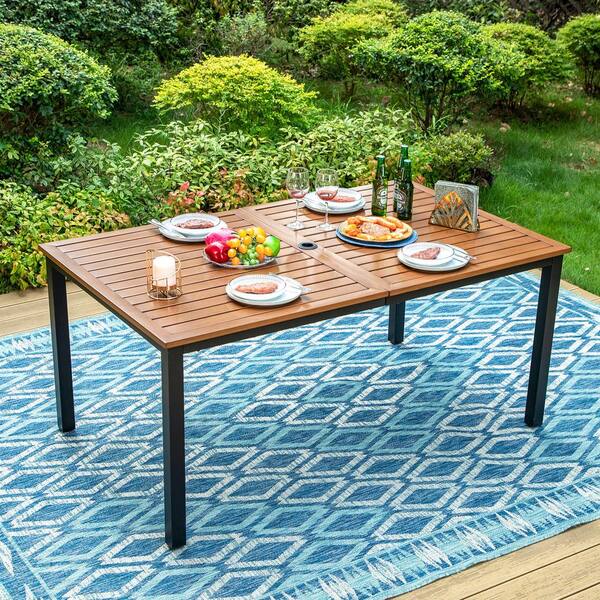 PHI VILLA Black Rectangle Wood Finish Metal Patio Outdoor Dining Table