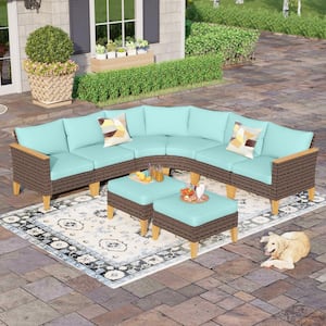 Brown Rattan Wicker 8 Seat 8-Piece Steel Patio Outdoor Sectional Set with Blue Cushions