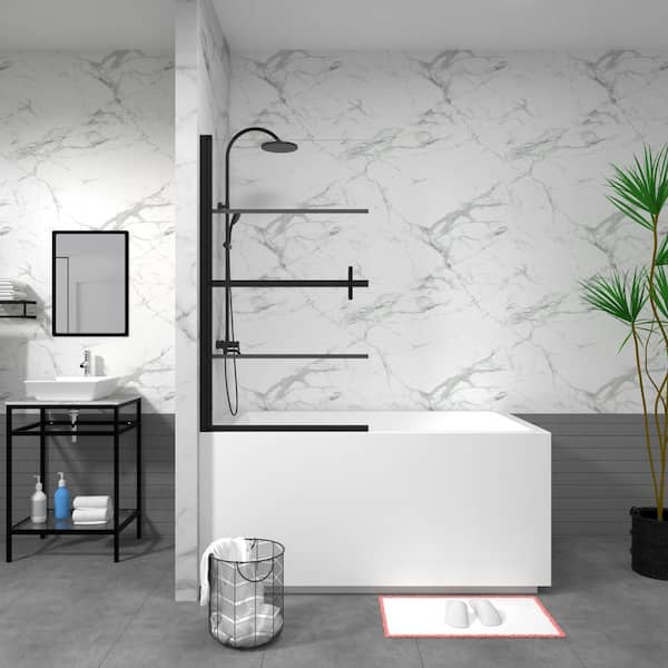 31.50 in. W x 55.12 in. H Pivot Frameless Tub Door in Matte Black with Clear Glass