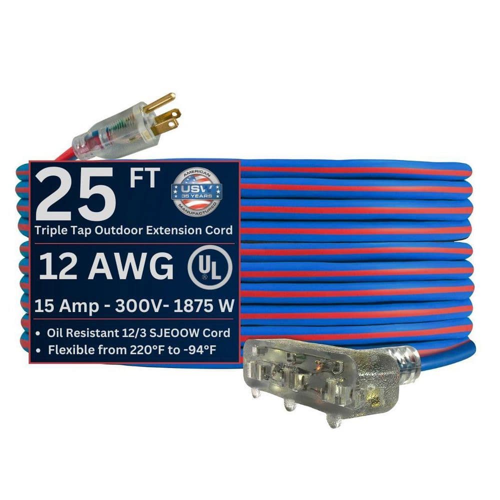 Extreme 25 ft. 12 / 3 Cold Weather Indoor/Outdoor Extension Cord with Tri-Tap and Lighted End, Blue price history on PriceWatchPro