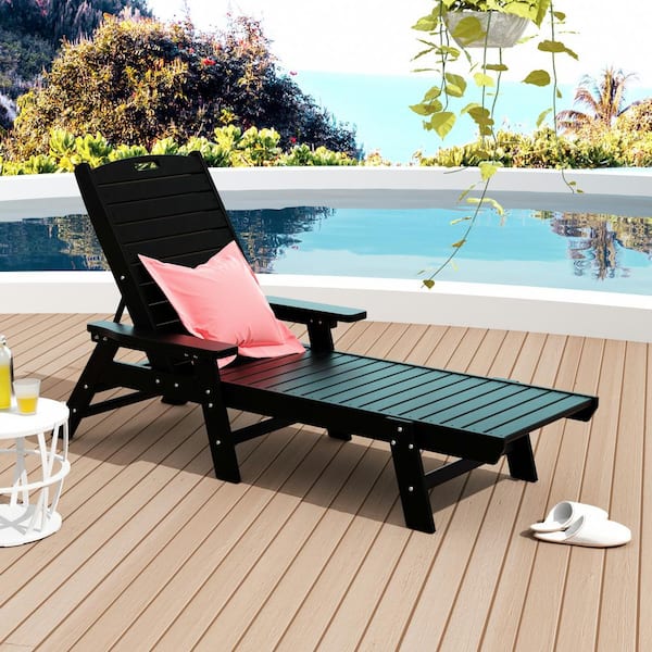 Harlo Black HDPE All Weather Fade Proof Plastic Reclining Adjustable Backrest Outdoor Patio Chaise Lounge Armchair
