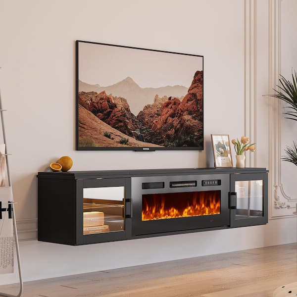 70 in. Wall Mount Floating Mount Modern MDF Electric Fireplace TV Stand 36 in. Black