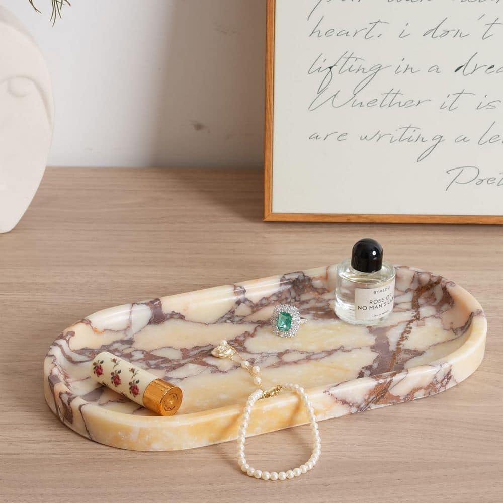 Pink Marble Jewelry Dish 10"x5" Beige Brown Marble Decorative Tray For  Bathroom Countertop Vanity Tray Perfume Trays For Dresser YC0149 The Home  Depot