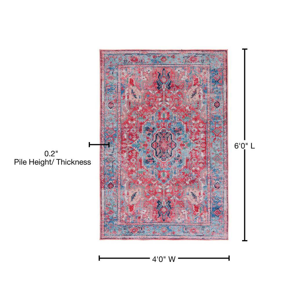 Serapi Light Blue and Red Rectangular Viscose Chenille Area Rug, 4' x 6'