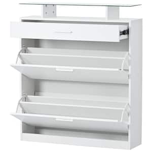 35 in. W x 9.4 in. D x 40.9 in. H White Wood Linen Cabinet with 2 Flip Drawers, Tempered Glass Top, LED Light