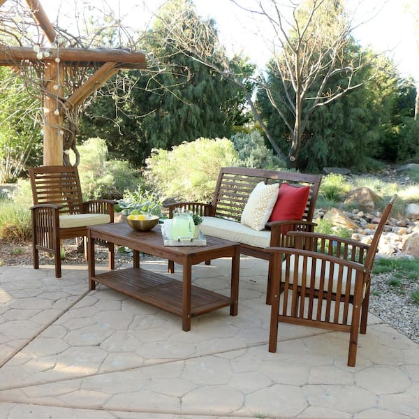 Walker Edison Furniture Company Boardwalk 4-Piece Dark Brown Acacia Outdoor Conversation Set with Cushions