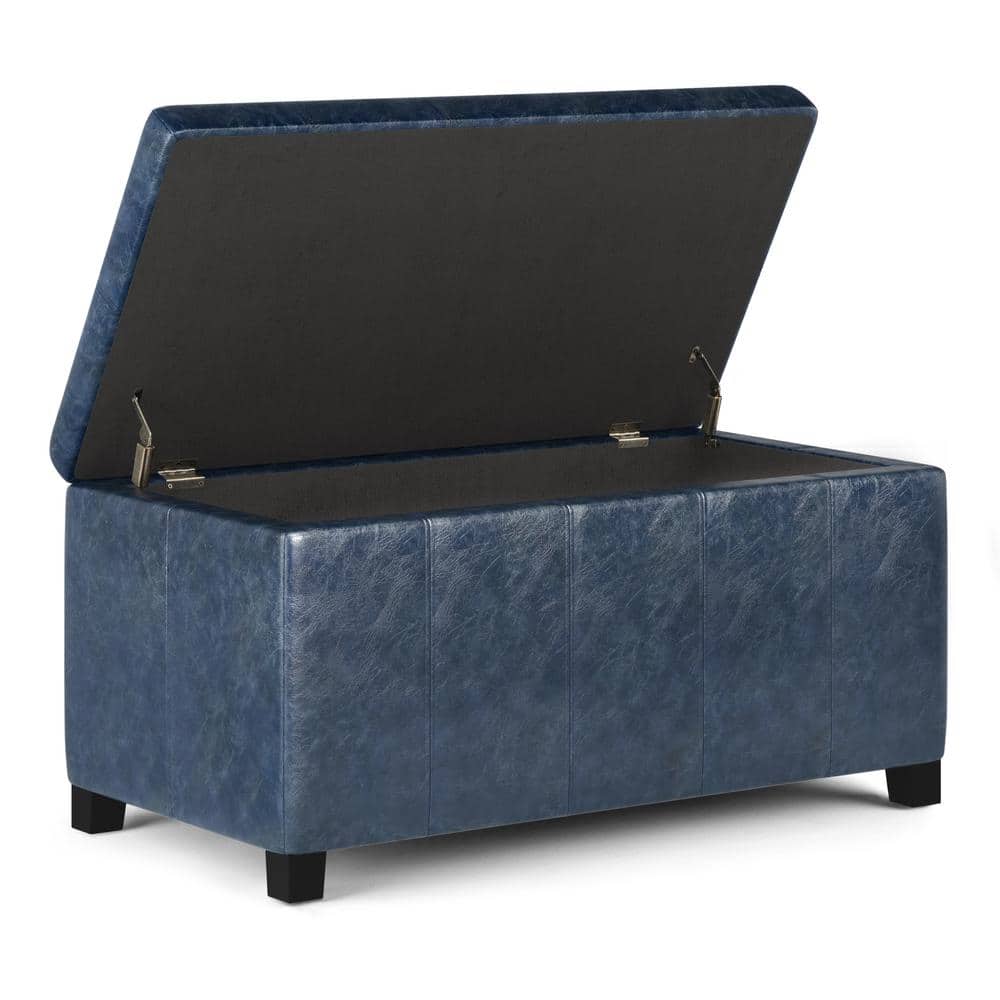 Denim Blue Tufted Faux Leather Storage Footstool