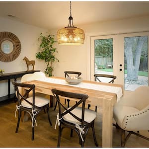 Boho 18 in. 5-Light Beige Rattan Pendant Light Chandelier
