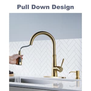Single Handle Stainless Steel Pull Down Sprayer Kitchen Faucet with Soap Dispenser in Brushed Gold